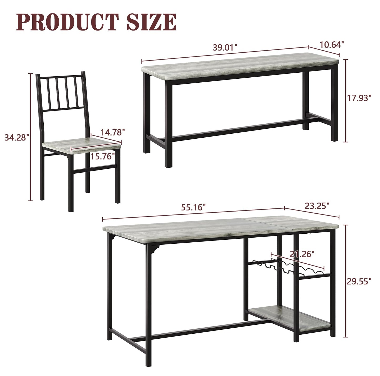 4 EVER WINNER Dining Room Table Set for 4, 55" Kitchen Table Set with Storage Shelf, Wine Rack & Wine Glasses Holder, Dining Table Set with 2 Chairs and Bench for Dining Room, Kitchen, Grey