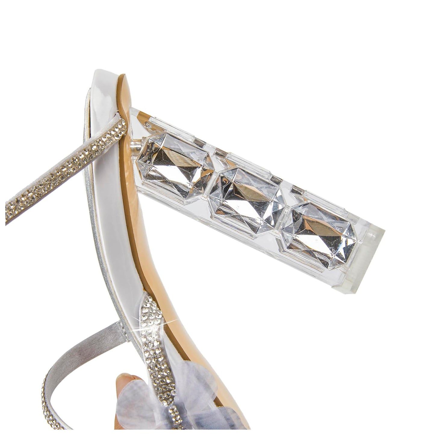 VOZTOLLS Women's Rhinestone Crystal Butterfly High Heels Stylish Open Square Toe Spiral Ankle Strap Dress Chunky Heeled Sandals For Wedding Party Banquet Silver Size 8