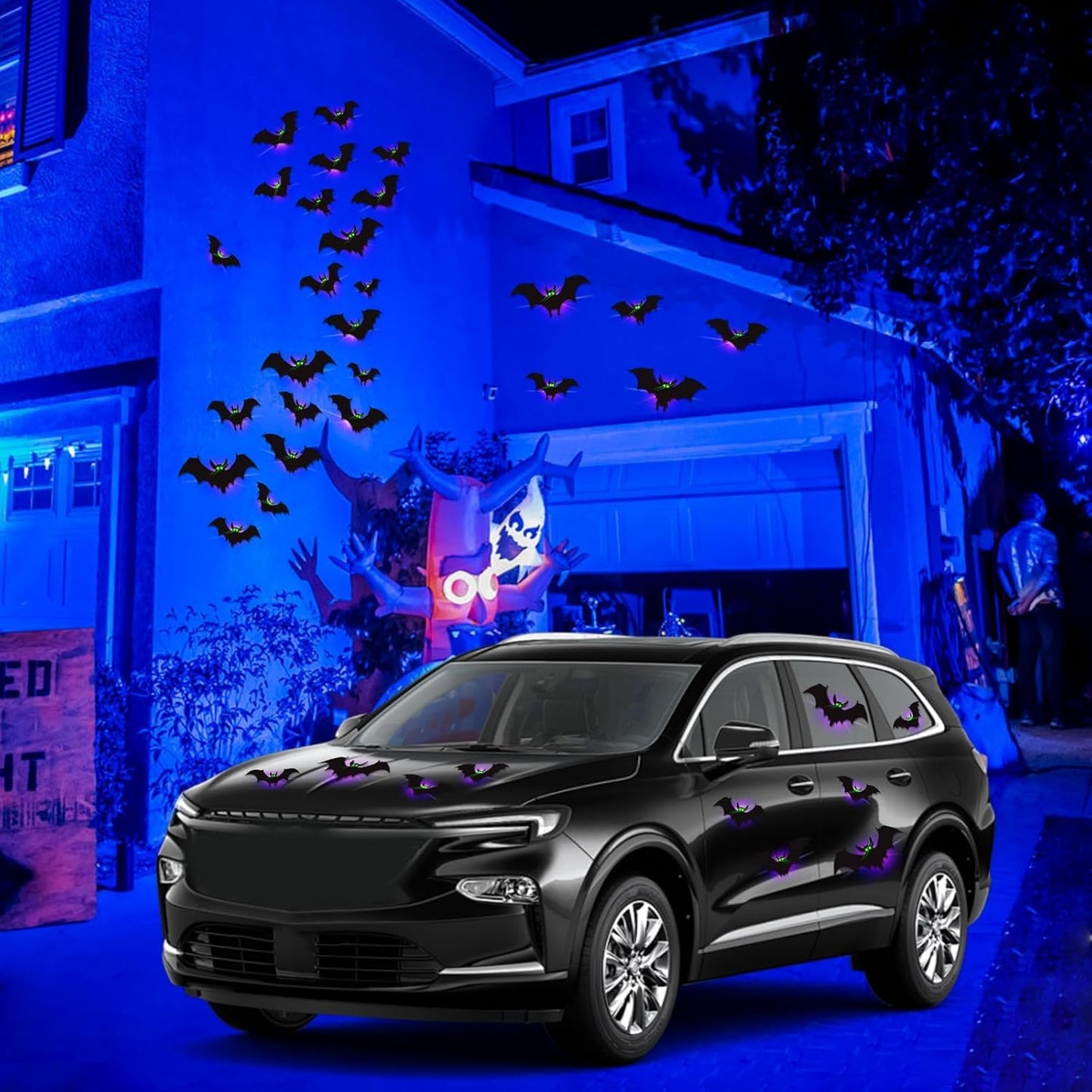 24 Pack Halloween Bats Decorations Wall Stickers with Glow in Dark Eye, 4 Different Style Removable PVC Wall Bats Sticker for Indoor Outdoor Home Window Garage Decor Party Supplies