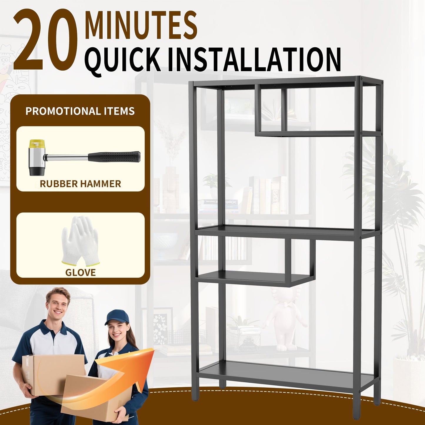 4 Tier Book Shelf, Modular Wide Bookshelves with Storage, Adjustable Industrial Metal Bookcase, Asymmetrical Geometric Shelf for Living Room, Bedroom, Office, 33.5" W*13.8" D*70.8" H, Black
