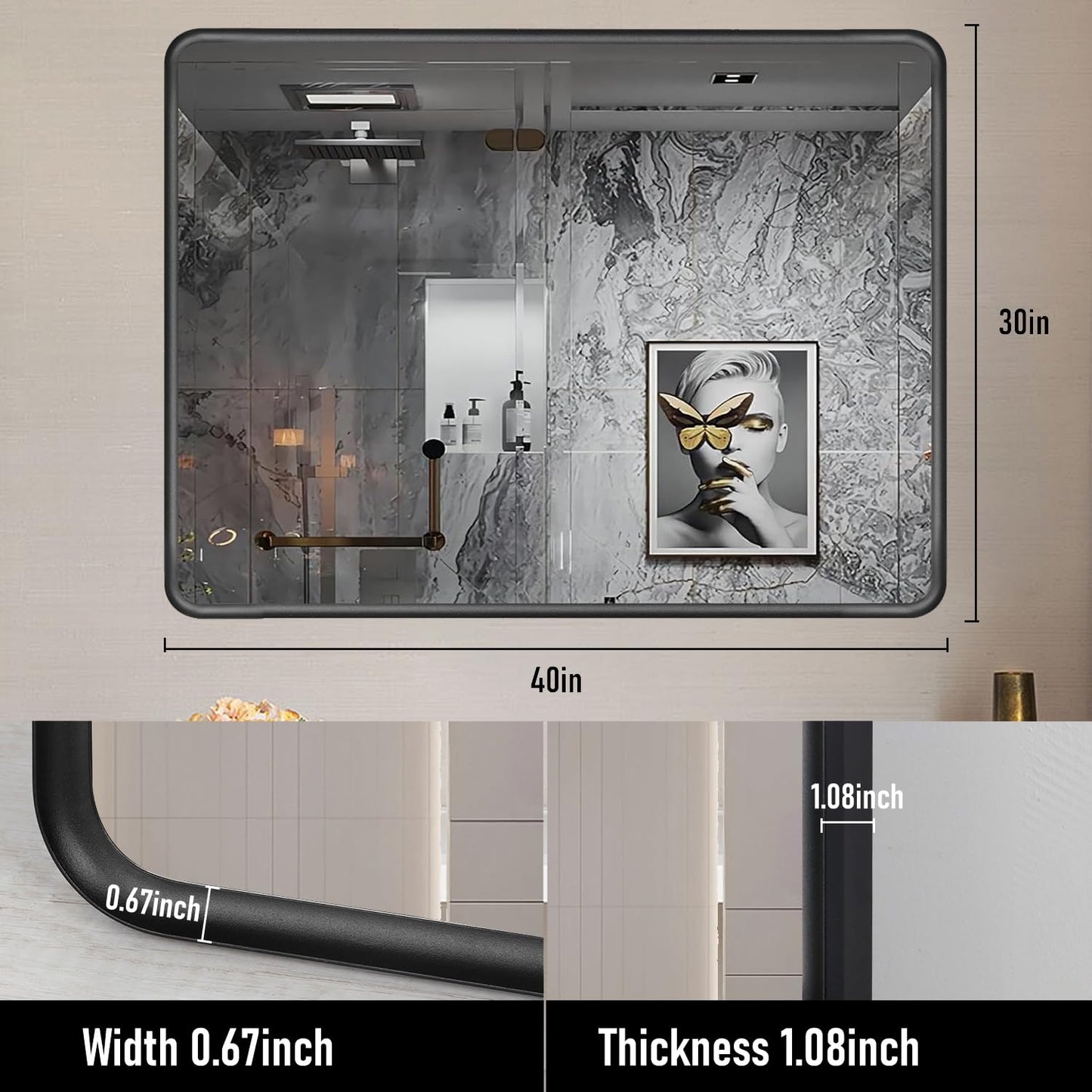 Wanzvisk Black Framed Mirrors for Bathroom,40 x 30 Inch Rounded Conner Rectangle Mirror for Wall, Matte Black Vanity Mirror with Tempered Glass,Anti-Rust,Hangs Horizontally or Vertically
