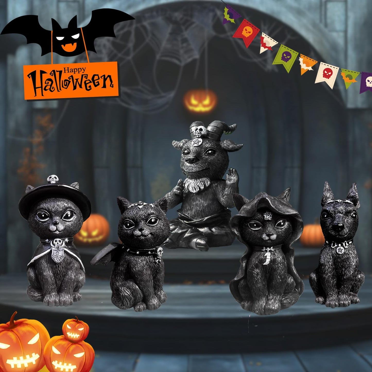 WISSLERMER 5 Sets of Halloween Resin Crafts, Home Decoration Ornaments, Cats, Dogs, Skeletons, Halloween Decoration Statues