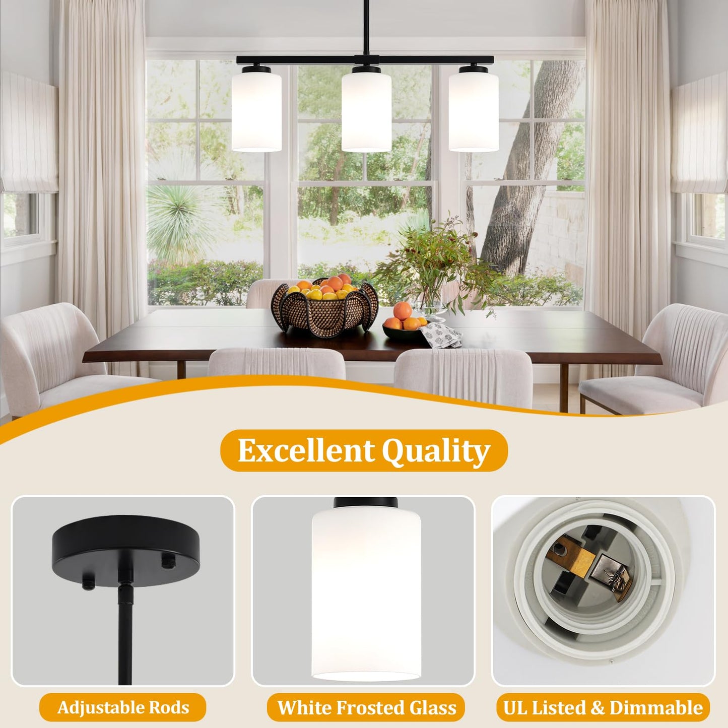 21.25'' Kitchen Island Light Fixtures, 3-Light Modern Dining Room Light Fixture, Black Pendant Lights with Milk Glass Shade, Linear Chandelier over Dining Table Lighting with Adjustable Rod, UL Listed