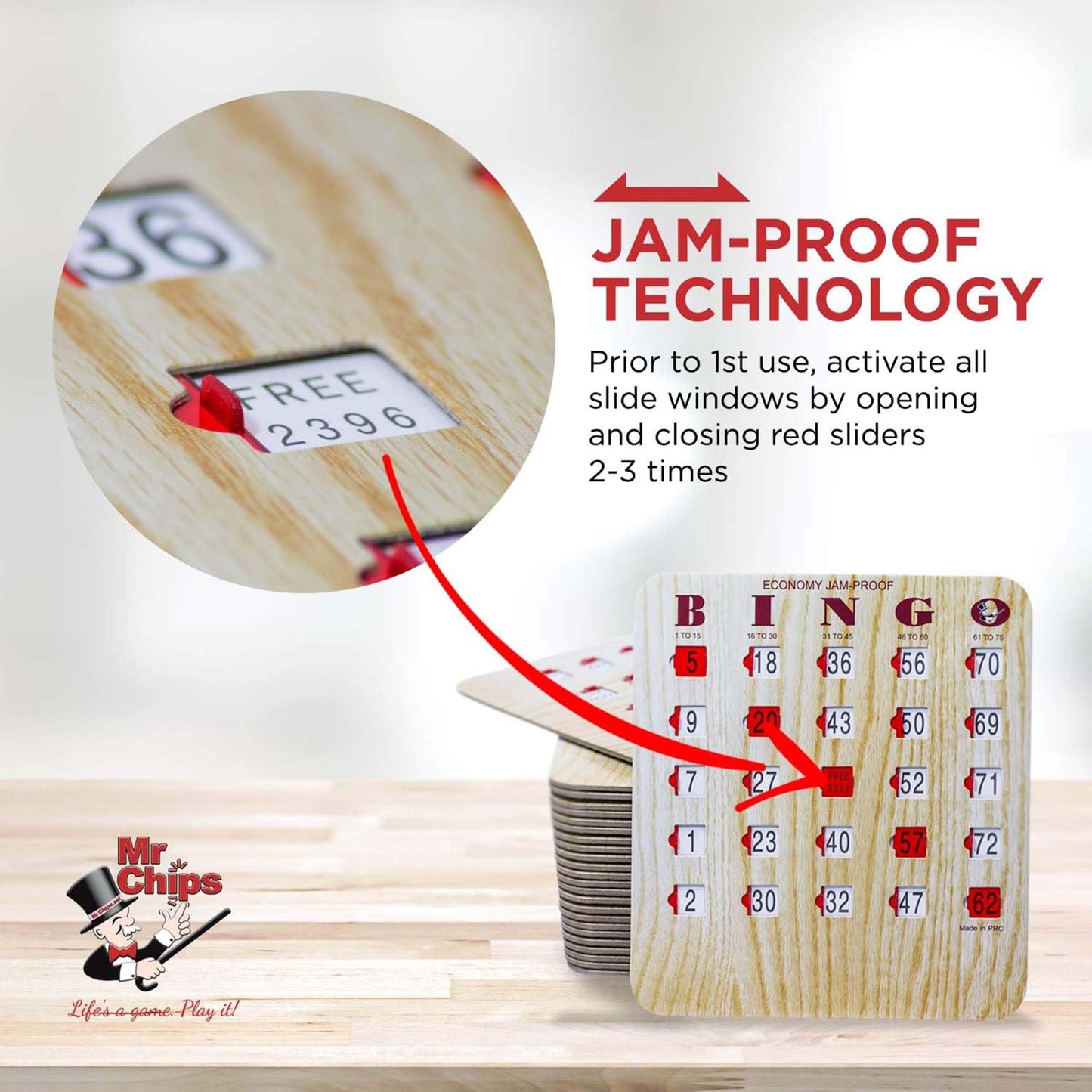 MR CHIPS Jam-Proof Bingo Cards with Sliding Windows, 25 Reusable Shutter Cards, 75 Calling Cards 1 Master Board in Tan Woodgrain Style