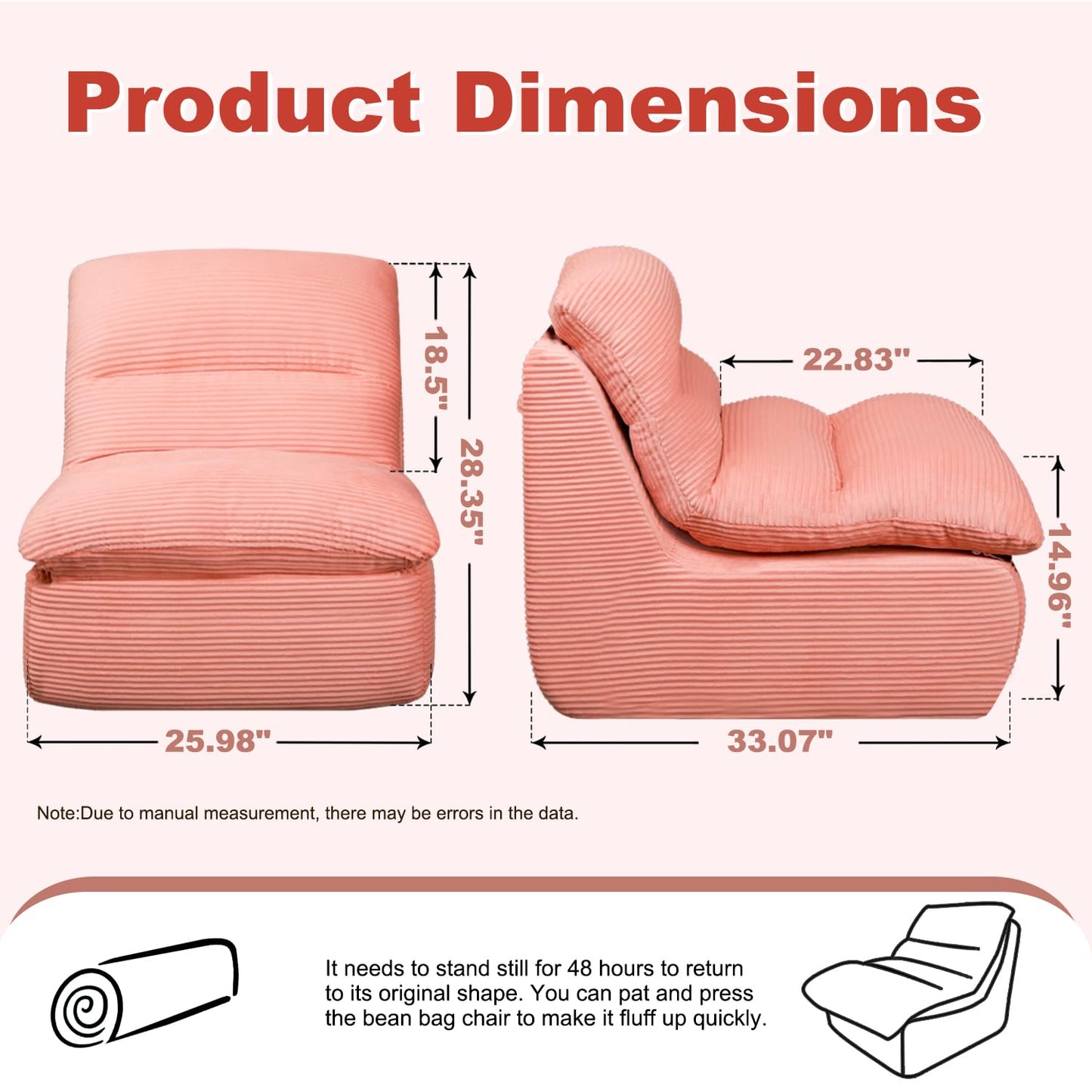Vonesse Bean Bag Chair, Double-Layered Bean Bag Chair for Adults, Comfortable Memory Foam Bean Bag Sofa, Corduroy Bean Bag Couches for Living Room Bedroom (Pink)
