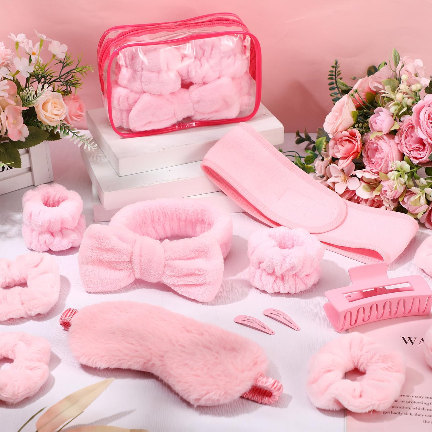 Wavyknot 16 Pcs Skin Care Headband Set Include 2 Pink Spa Headband 1 Pink Plush Sleep Eye Mask 4 Skin Care Wristbands 5 Velvet Scrunchies 1 Claw Clips 2 Bangs Clip 1 Cosmetic Bags for Spa Gift