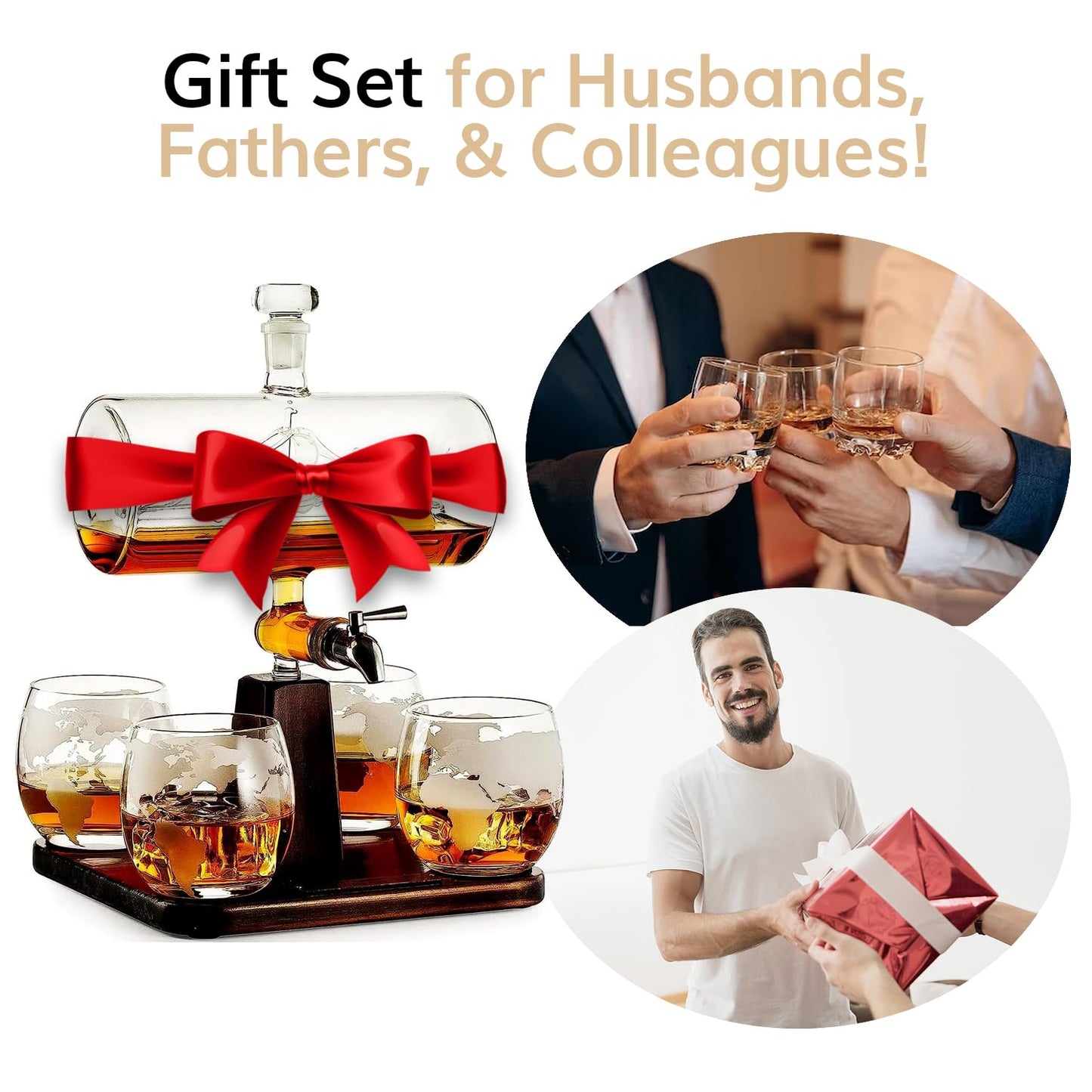 Whiskey Decanter Globe Set with 4 Etched Whiskey Glasses - for Liquor Scotch Bourbon Vodka, Gifts For Men - 1250ml Unique Ship Sails Set for Home Bar, Bourbon, Birthday Gift for Dad