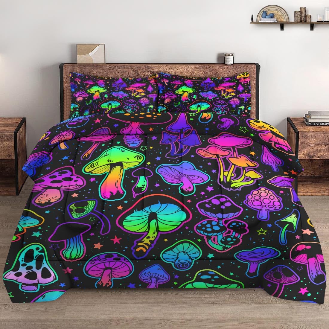 WeCozy Queen Size Comforter Set with 2 Pillowcases, Summer Halloween Mushroom Neon Soft 3 Pcs Bedding for Kids and Adults Bedroom Bed Decor