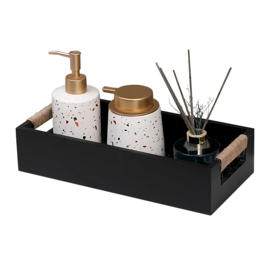 WSIFACA Black Decor Box Bathroom Wooden Toilet Tank with Rope Handles, Farmhouse Toilet Storage Basket for Bathroom Living Room Table Counter