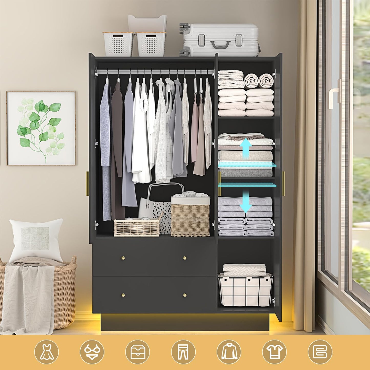 3 Doors Armoire Wardrobe Closet with Mirror, LED Storage Cabinet with Drawers, Wooden Closet with Hanging Rod, Adjustable Shelves, Black