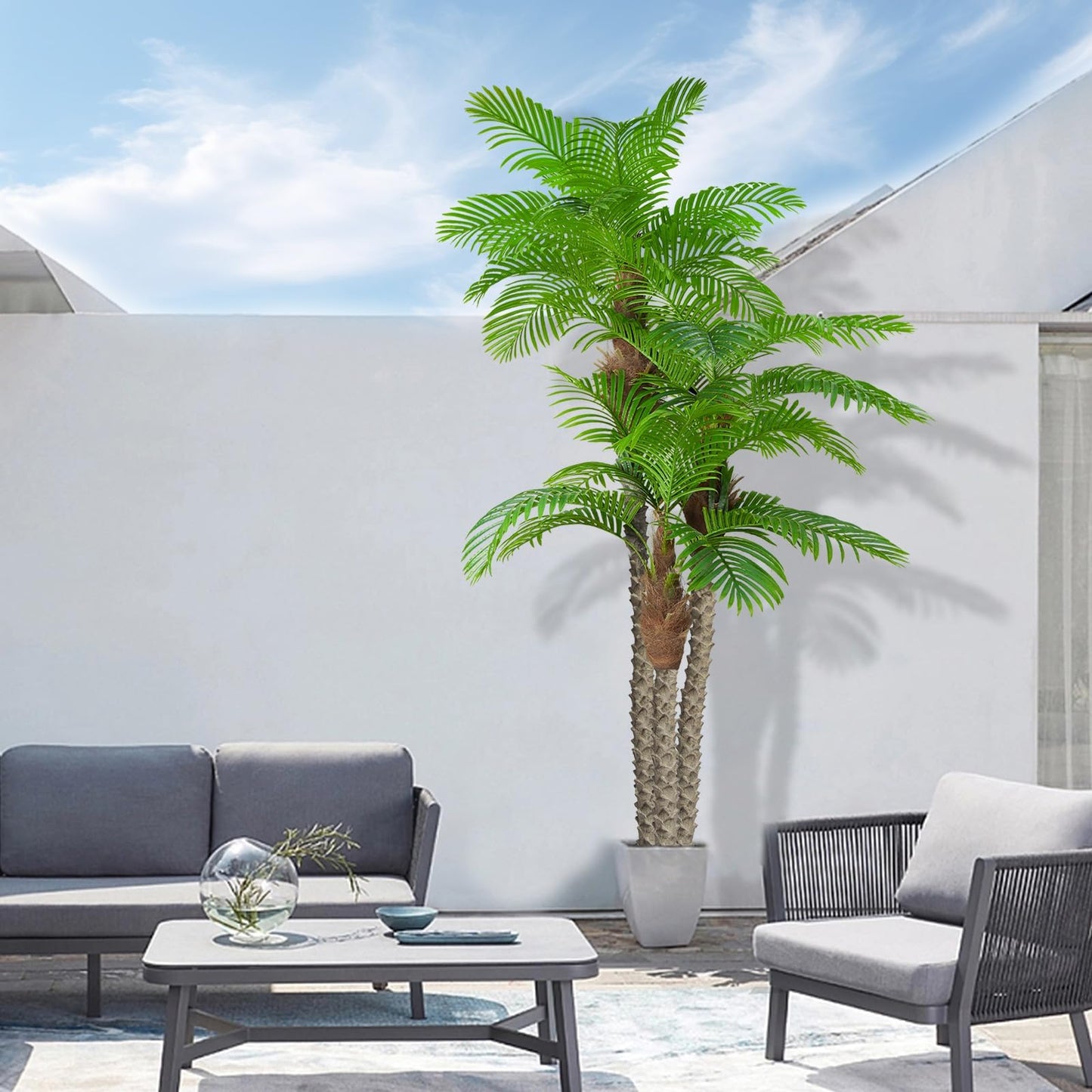 8.5ft Fake Palm Tree for Outdoors - UV Resistant, Triple Tropical Palm Artificial Plant Tree -Perfect for Patio, Poolside, Home Decor