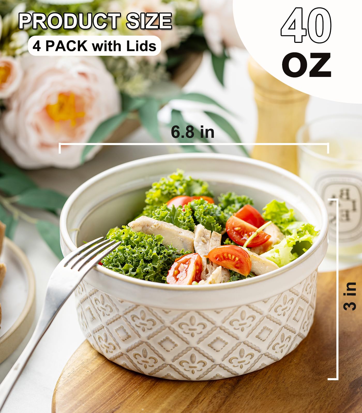 40 Oz Ceramic Airtight Bowls Set of 4 - Large Cereal Bowls with Lids for Salad, Pho, Soup, Pasta, Dessert, Serving, Oatmeal, Nut, Baking Dishes, Dishwasher & Microwave Safe, Beige