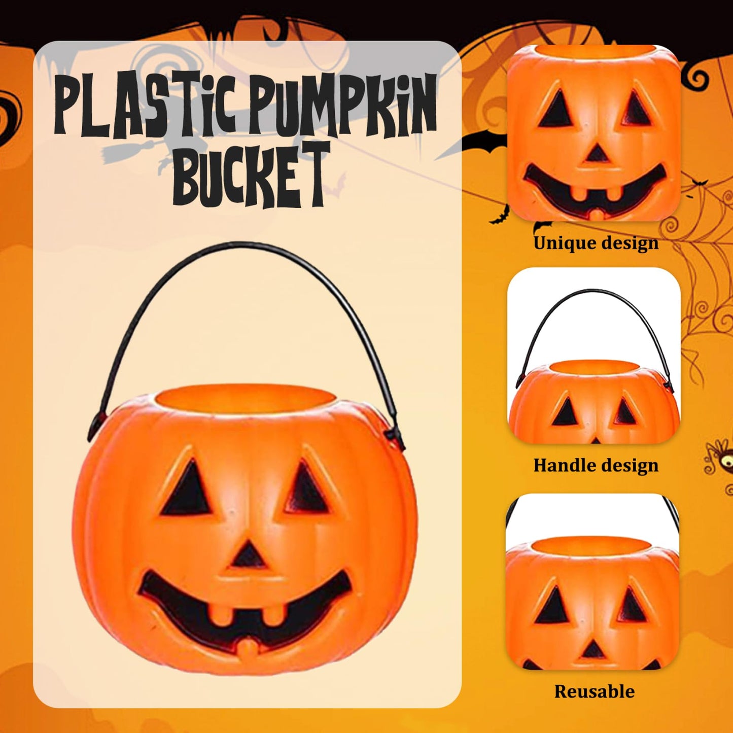 6Pcs Halloween Pumpkin Bucket Devil Smile Pumpkin Candy Bucket Plastic Halloween Candy Holder with Handle Trick or Treats Halloween Bucket for Halloween Decorations, Style 1 Plastic Pumpkins Pumpkin