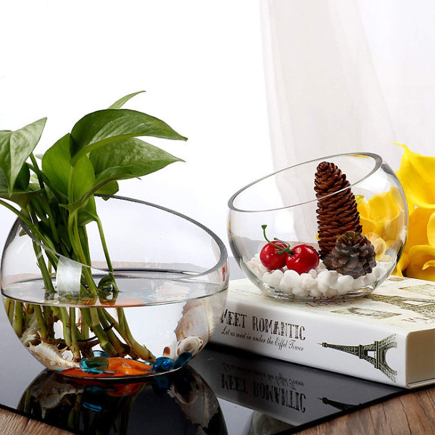 WGVI Clear Slant Cut Bowl Glass Vase, Glass Terrarium, Candy Dish, Glassware, Slant Open: 7". Height: 6" x 2.7". Base: 4" (1 Piece)