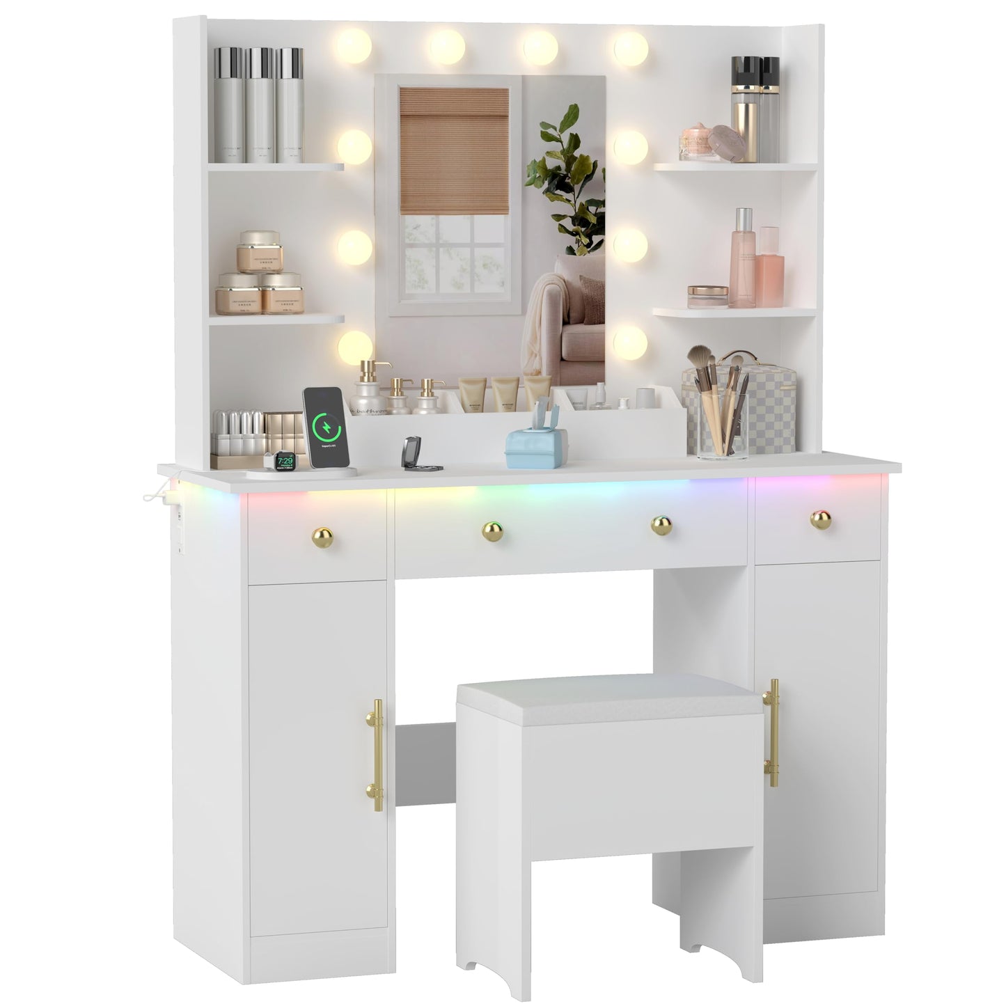 Wodeer Makeup Vanity Desk with Mirror and Lights, 43" White Vanity Set with Chair, 3 Drawers, Power Outlet & Adjustable RGB LED Lights, Dressing Table with Storage Shelf for Women & Girls Bedroom