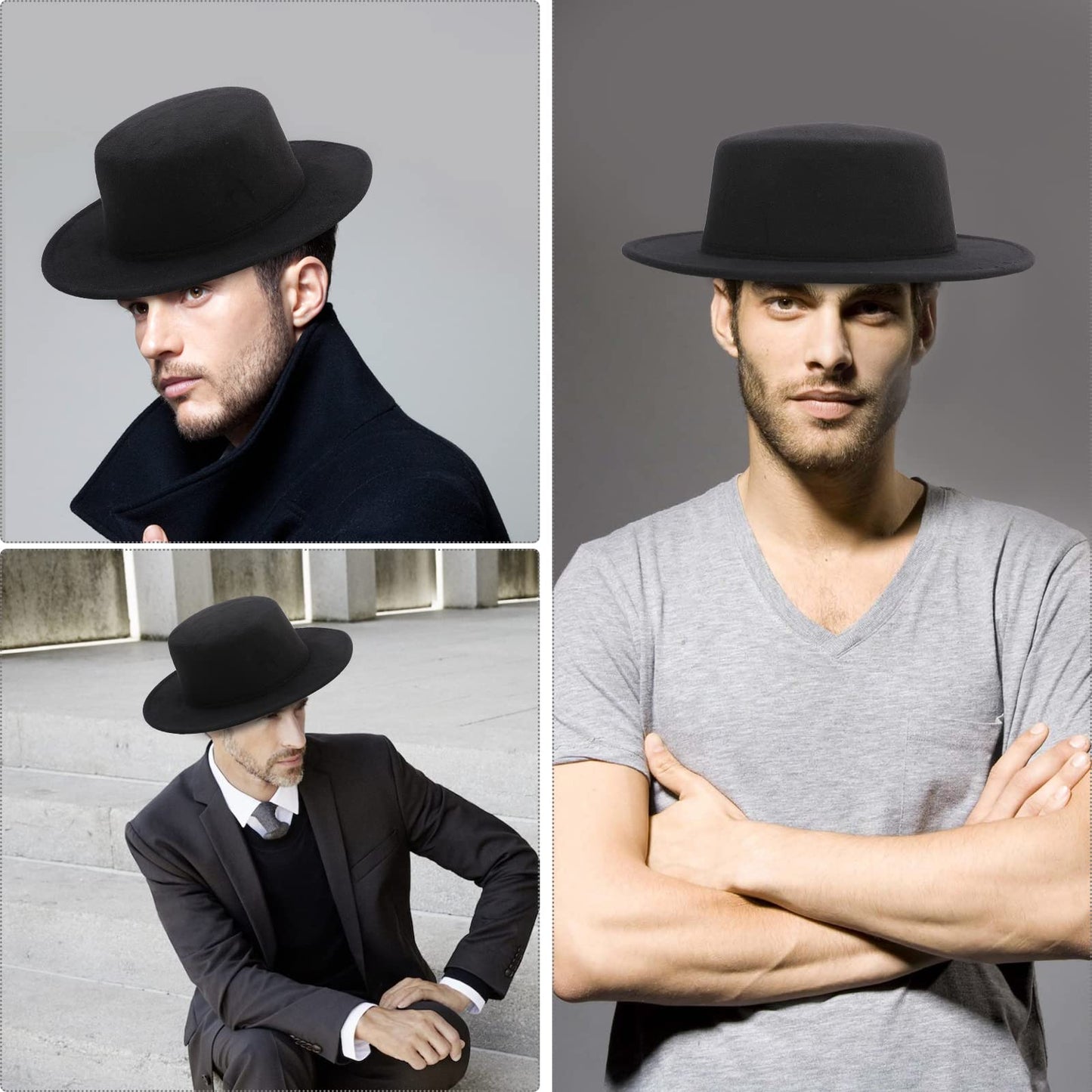 YEAJOIN Fashion Classic Black Fedora Flat Hat Medium Size, Wide Brim Jazz Hats Church Derby Cap for Women and Men