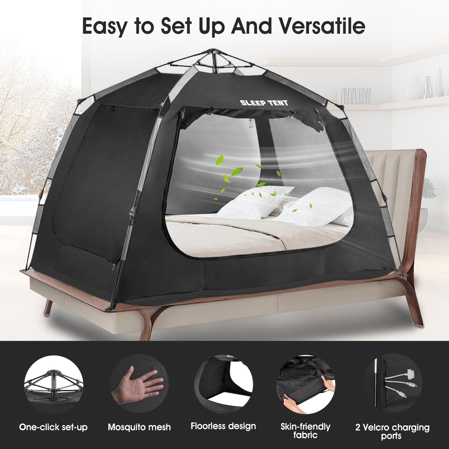 YAVIL Portable Bed Tent Bed Canopy Queen Size,ONE-Click Sleeping Tent Breathable Indoor Tent Privacy Large Space with 3 Doors for Kids and Adult