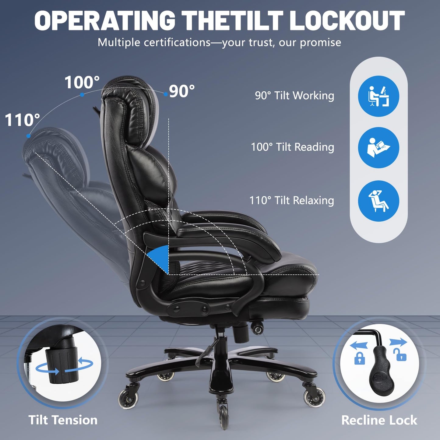 800LBS Big and Tall Office Chair for Heavy People, Heavy Duty Executive Chair with High Back, Extra Wide Seat and Adjustable Lumbar, Large Computer Desk Chair Comfortable for Home Office (Black)