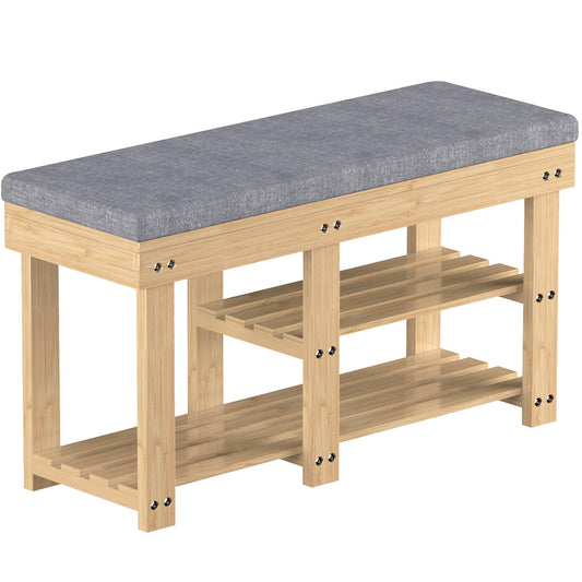 Xdwwhome Bamboo Shoe Bench, 2 Tier Storage Benches with Seat, Shoe Shelf with Cushion, Modern Entryway Bench for Living Room Bedroom Hallway Bathroom Garden, Capacity 330 lbs, Natural