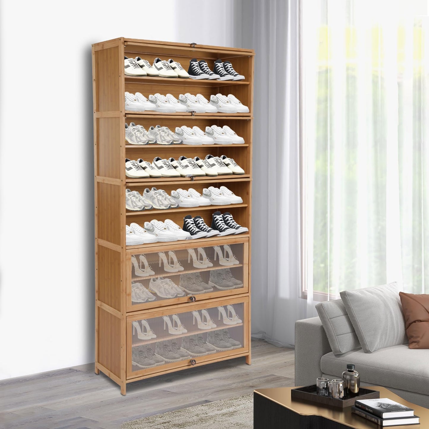 Weglae 10 Tiers Shoe Storage Cabinet,Bamboo Shoes Shelf Organizer,Shoe Rack with Transparent Acrylic Cabinet Door,Free Standing Shoes Shelf for Entryway Bedroom,31.5 * 12.6in,Brown (Brown)