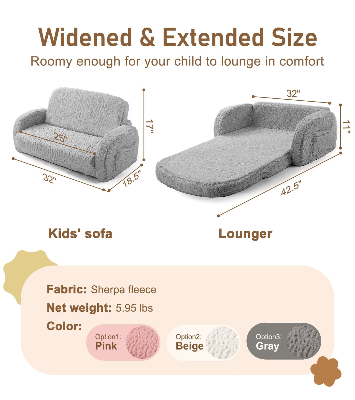 2-in-1 Sherpa Fold Out Kids Couch, Extra Wide Comfy Toddler Chair, Convertible Kids Sofa to Lounger, Foldable Toddler Couch with High Density Foam, Modern Kids Sofa Bed for Boys & Girls 3+, Gray