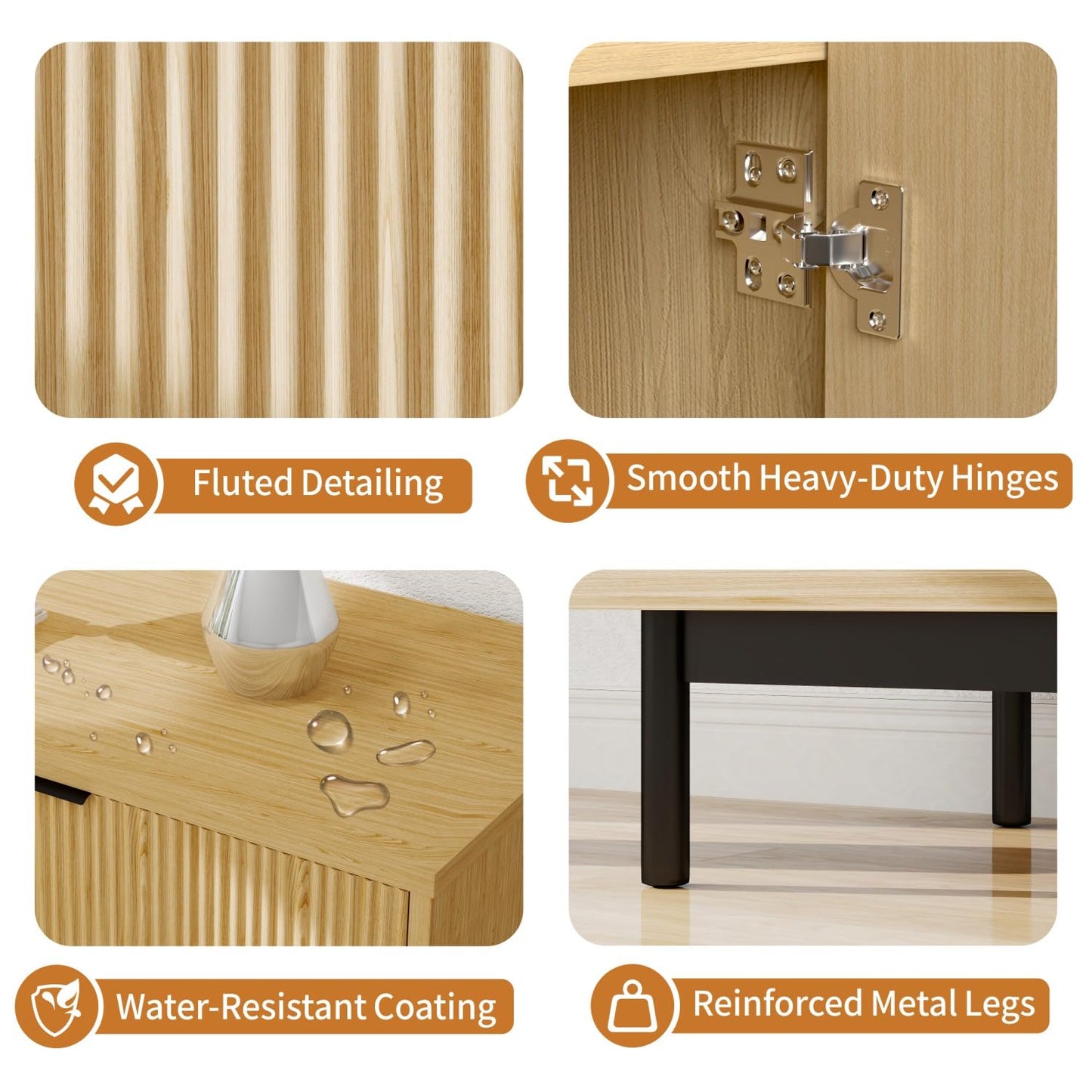 58" Modern Fluted Sideboard Buffet Cabinet in Natural Oak, Accent Storage Console with Adjustable Shelves for Dining Room, Living Room