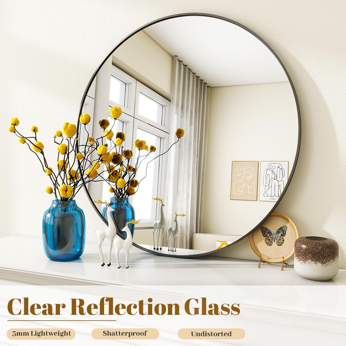 VooBang Black Round Bathroom Mirror, 30 inch Circle Wall Mounted Hanging Mirror with Simple Modern Circular Metal Frame for Hallway, Entryway, Living Room, Black Frame