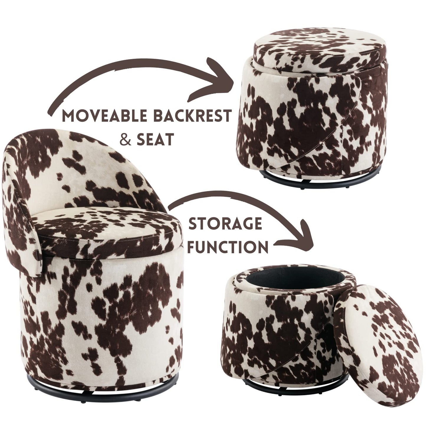 Ya-Home Modern Swivel Ottoman Vanity Chair, Linen Upholstered Barrel Club 360°Degree Swivel Side Stool with Storage, Comfy Makeup Stool for Bedroom Living Room, Milk Cow