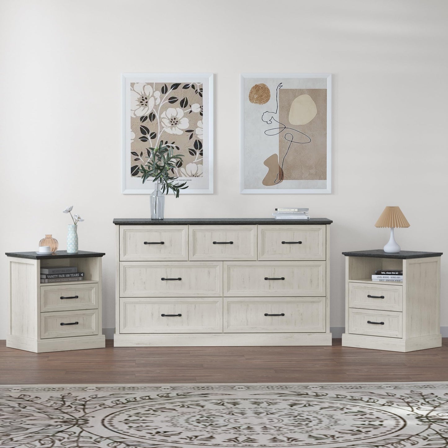 3 Pcs Farmhouse Dresser and Nightstand Sets for Bedroom, 7 Drawer Dresser & Nightstand Set of 2, Rustic Wooden Chest of Drawers Wide Storage Organizer for Bedroom, White