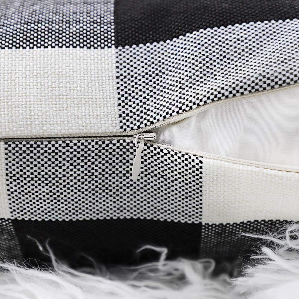 4TH Emotion Set of 2 Farmhouse Buffalo Check Plaid Throw Pillow Covers Cushion Case Polyester Linen for Fall Home Decor Black and White, 18 x 18 Inches