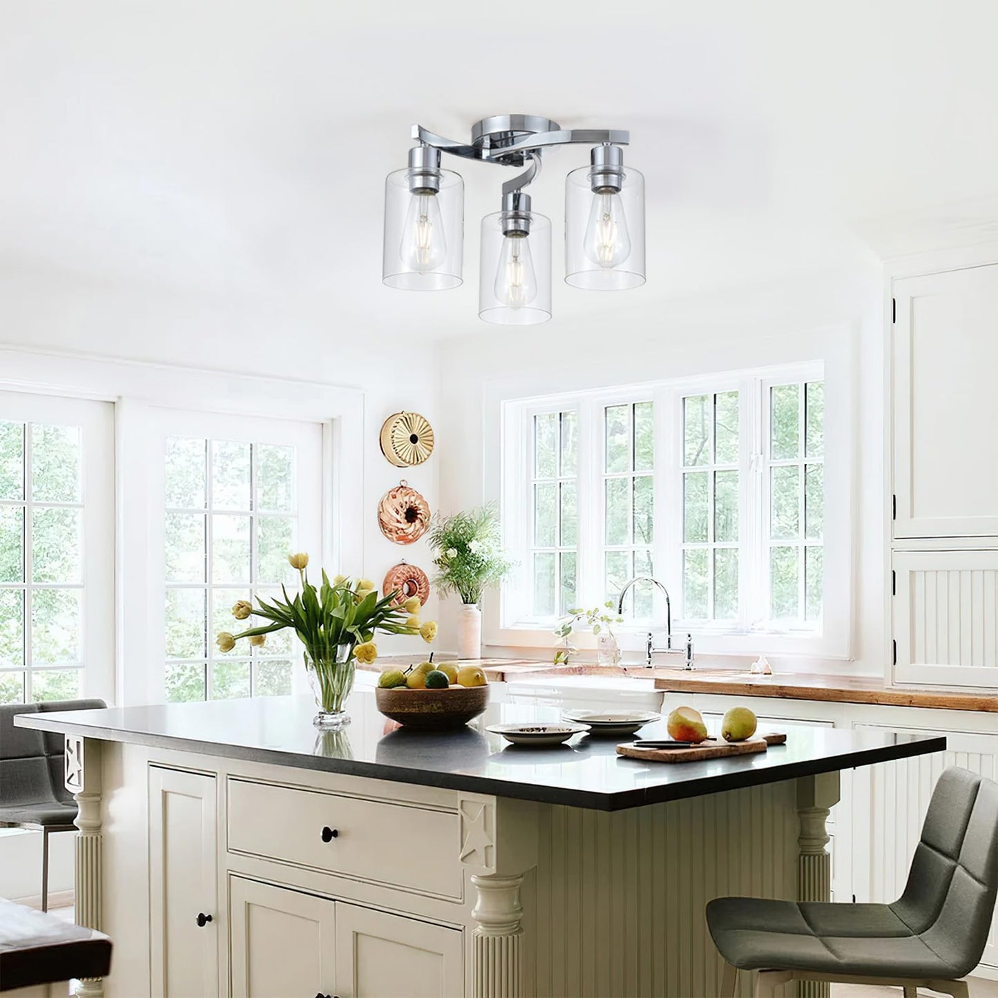 3WWWUEE 3-Light Semi Flush Mount Ceiling Light, Modern Close to Ceiling Light Fixtures with Clear Glass Shades, Chrome Light Fixture for Kitchen, Dining Room, Hallway, Entryway, Foyer