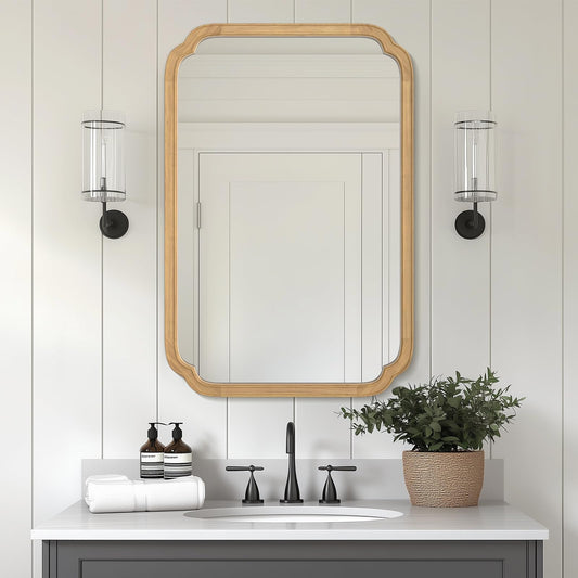 WallBeyond 24" x 36" Rounded Corner Arch Wall Mirror with Wood Frame for Entryway, Living Room or Bedroom Home Decor - Light Woodgrain 24" x 36" Natural Color