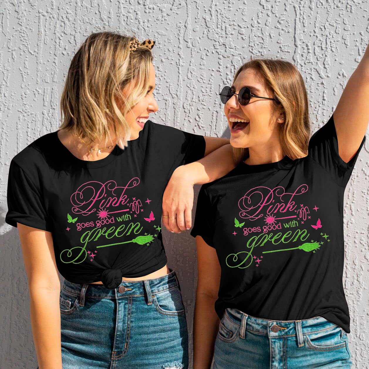 Women Pink Goes Good with Green Shirt Embroidery Musical Movie Shirts Witch and Princess Tee Musical Fan Gift Tops