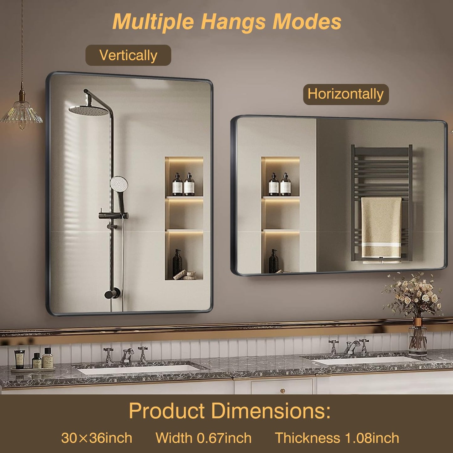 Wanzvisk Black Framed Mirrors for Bathroom,40 x 30 Inch Rounded Conner Rectangle Mirror for Wall, Matte Black Vanity Mirror with Tempered Glass,Anti-Rust,Hangs Horizontally or Vertically