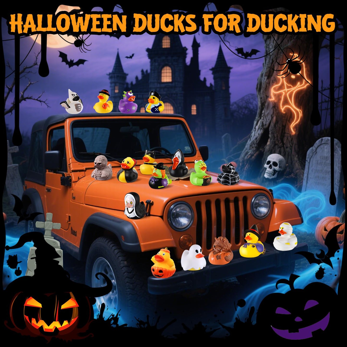 24 PCS Halloween Rubber Ducks with Bag, Bulk Halloween Ducks Toys for Jeeps Ducking Party Favors Goodie Bag Stuffers, Horror Ducks for Halloween Treats Non Candy Prizes Bath Toys Gifts for Kids