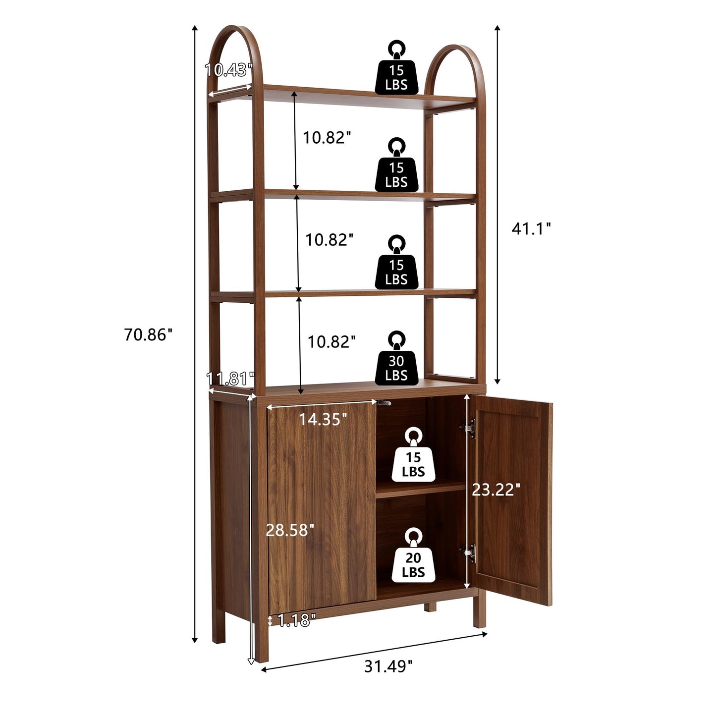 71” Tall Arched Bookshelf Storage with Fluted Doors, Mid Century Modern 6 Tier Bookshelves, Freestanding Bookcase Cabinet with Open Display Storage Shelf for Living Room Home Office Bedroom, Walnut