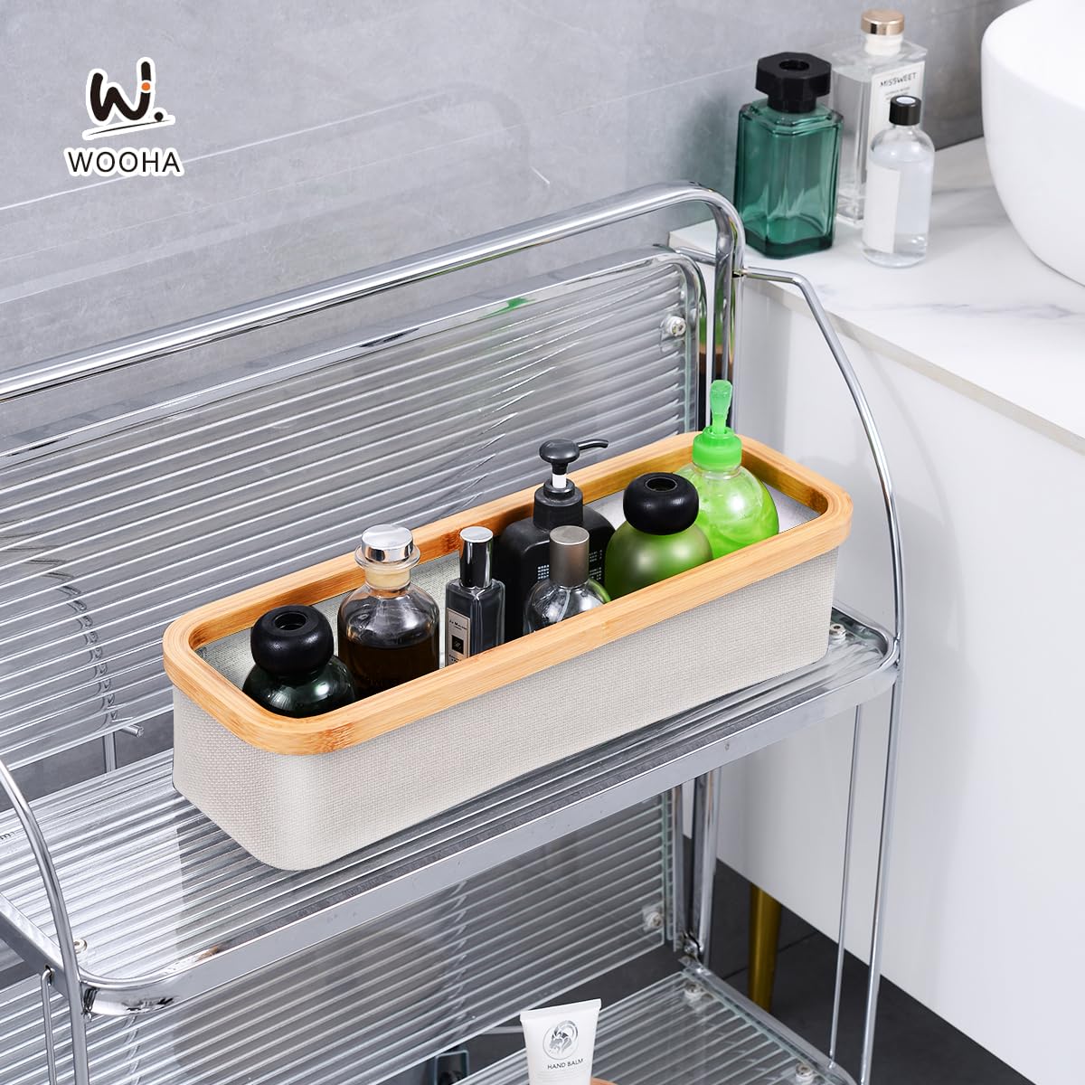 WOOHA Bamboo Toilet Paper Organizer - Collapsible Basket for Bathroom Tissue Storage (White, Small)