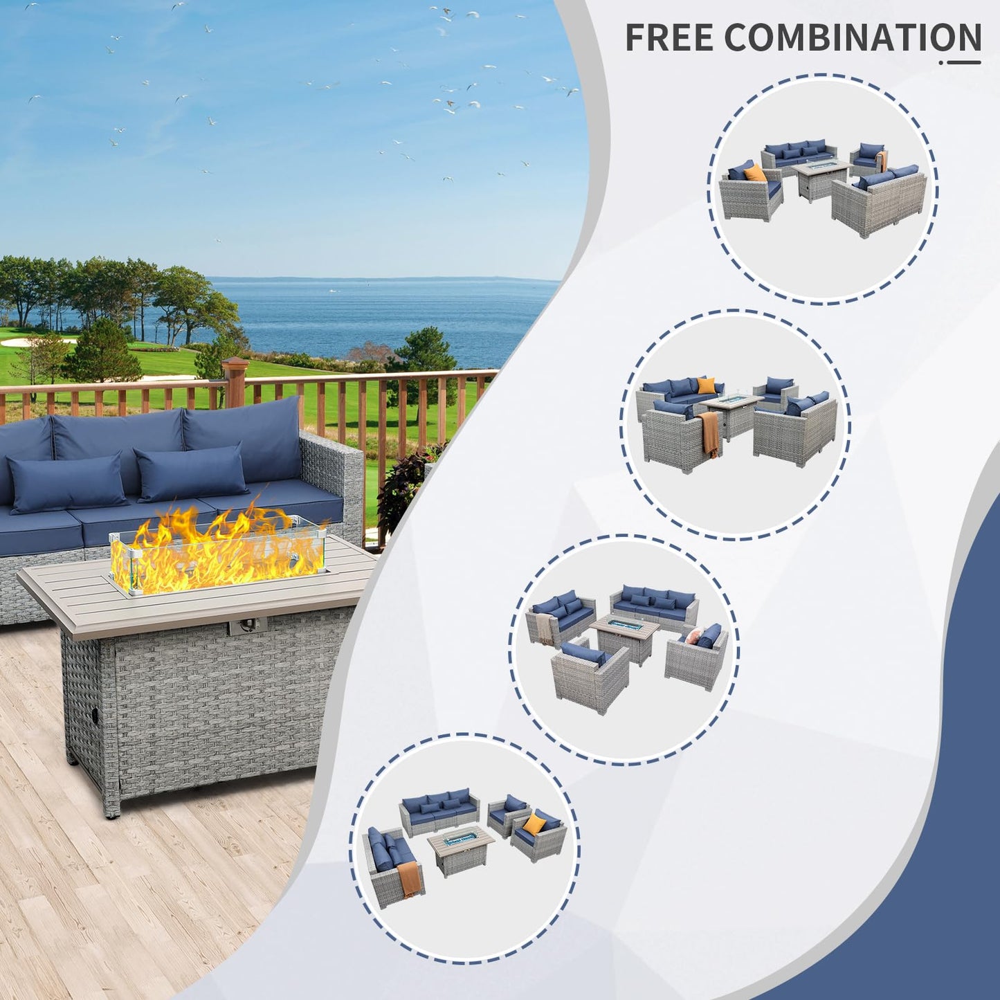 WAROOM Patio Furniture Set 5 Piece Grey Wicker Outdoor Furniture with Fire Pit Table, Patio Sectional Sofa Couch Sets Backyard Deep Seating PE Rattan Chairs, Navy Blue Cushion