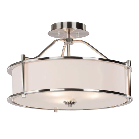 XiNBEi Lighting Semi Flush Mount Ceiling Light 18 inch 3 Light Close to Ceiling Light with Fabric Shade and Glass Diffuser, Brushed Nickel Drum Semi Flush Light for Dinning & Bedroom XB-SF1199-BN