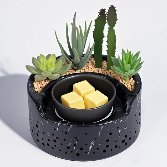 waxarapy Ceramic Wax Melt Warmer 4-in-1, Flameless PTC Heating with 7-Colors LED Changing Light, Electric Essential Oil Diffuser, Yoga Room/Home Decor Wax Melter Black Succulent Design