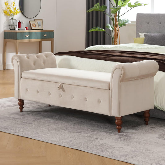 Virabit 63'' Storage Ottoman Bench for Bedroom, End of Bed Bench with Arms, Velvet Storage Bench with Button for Entryway, Living Room,Hallway, Large Organizer Bench Foot Rest (Beige)