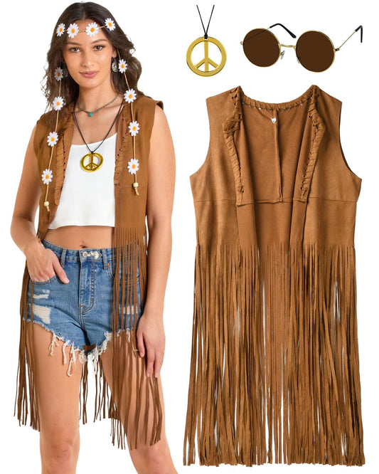 60s 70s Outfits Hippie Clothes for Women Disco Suede Fringe Vest Western Shirts Accessories Woman Cowgirl 1970 Style Decades Day Boho Costume Tops Flower Crowns (M)