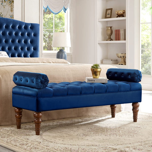 24KF Navy Blue Velvet Long Bench for Bedroom & Entryway - Tufted Button, 1.5 ft-Deep
