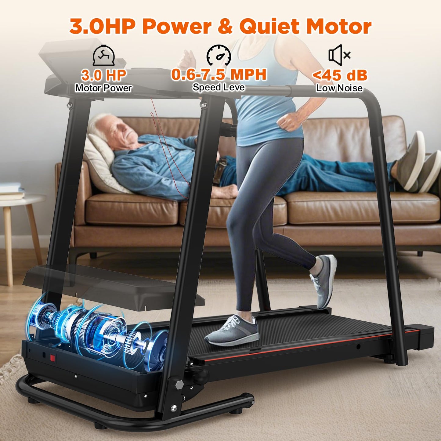 Walking Treadmill for Senior with Long Handrail Foldable Recovery Fitness Exercise Machine with Cup Holder LCD Display 300 lbs Weight Capacity for Home,APP Contorl