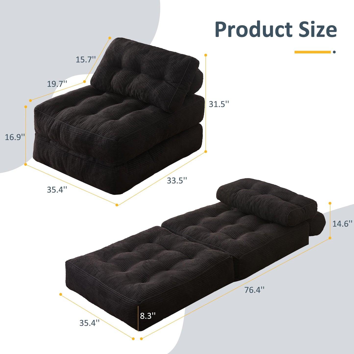 Afuson Folding Chair Bed, Futon Sofa Bed, Floor Couch for Adults Chair Bed for Living Room, Lounge Sofa, Convertible Sofa Bed, Small Couches for Small Spaces, Black