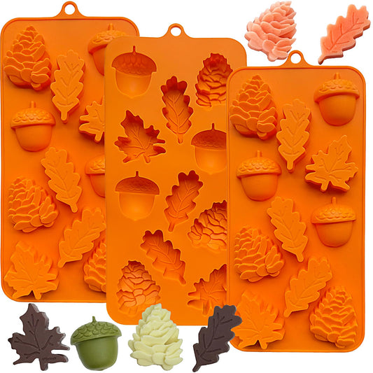 3Pack Fall Chocolate Mold Thanksgiving Silicone Candy Molds Halloween Autumn Harvest Festival Baking Mold Chestnuts, Pine Cones, Maple Leaves Acorn Shape Cake Molds for Cake Cupcake Toppers