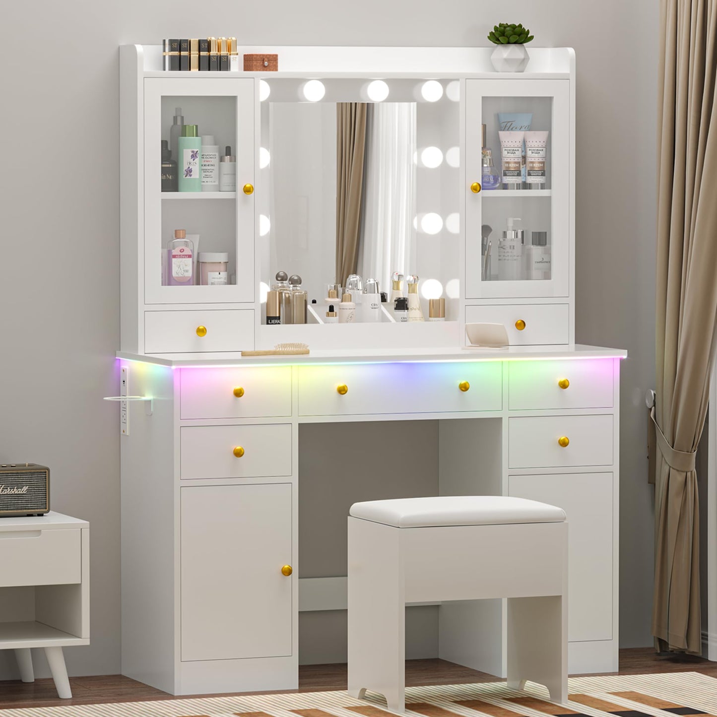 Wodeer Vanity Desk with Mirror and Lights, 43" White Makeup Vanity Set with 5 Drawers & Glass Cabinets, Storage Stool, Power Outlet & Adjustable LED Lights, Dressing Table for Women & Girls Bedroom