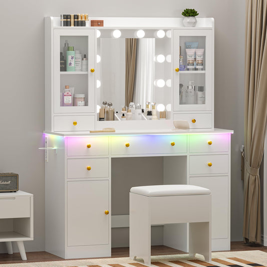 Wodeer Vanity Desk with Mirror and Lights, 43" White Makeup Vanity Set with 5 Drawers & Glass Cabinets, Storage Stool, Power Outlet & Adjustable LED Lights, Dressing Table for Women & Girls Bedroom