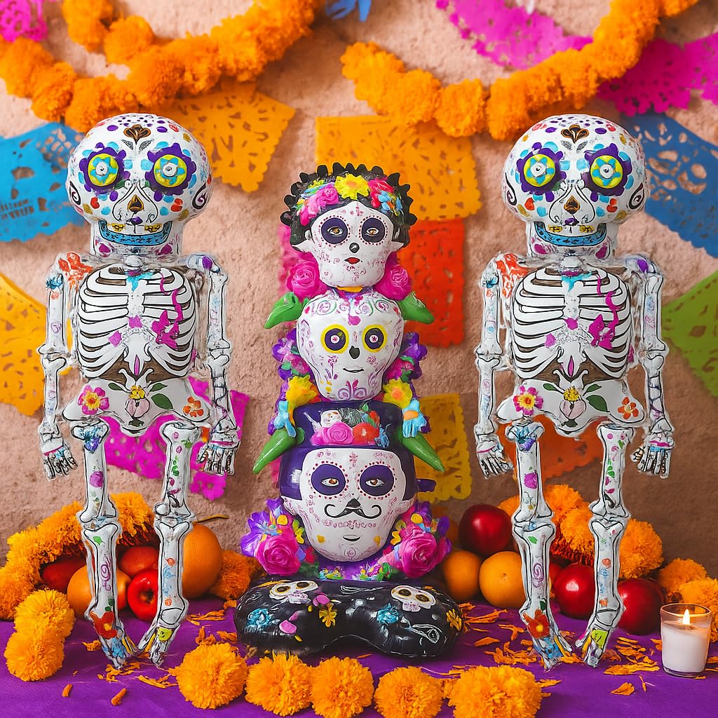 3 Pcs Skeleton Foil Balloons, Día de Muertos Day of the Dead Party Decorations, Halloween Skeleton Balloons,Halloween Spooky Party Supplies, Sugar Skull Balloons