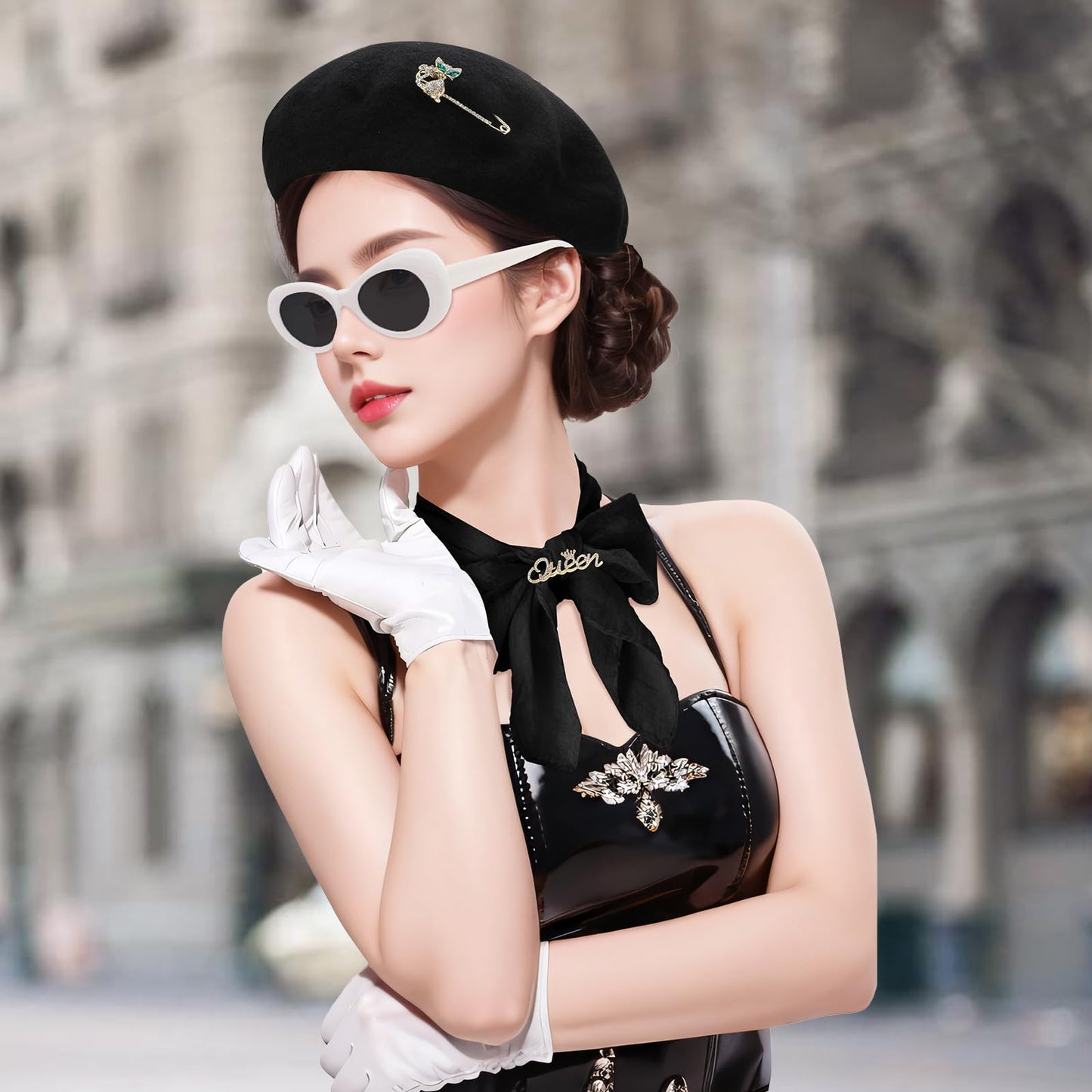 XEPST 6PCS French Women set - 50s Fancy Dress for Women with Black Beret Sunglasses Scarf Gloves Brooches French Artist Mime Kit for Halloween Costumes Cosplay Carnival Fancy Dress Up, Black